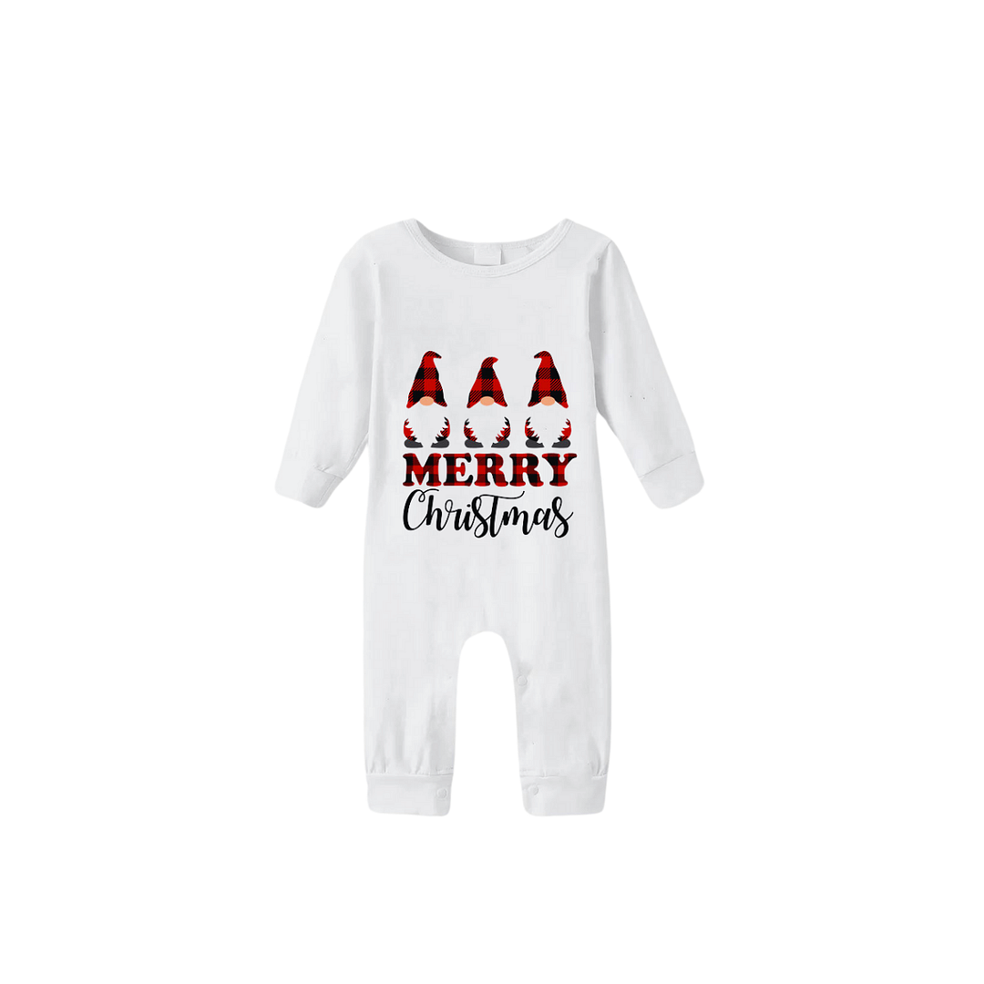 MERRY Christmas Letters and Santa Hat Printed White Top with Red & Green Plaid Pants Family Pajamas