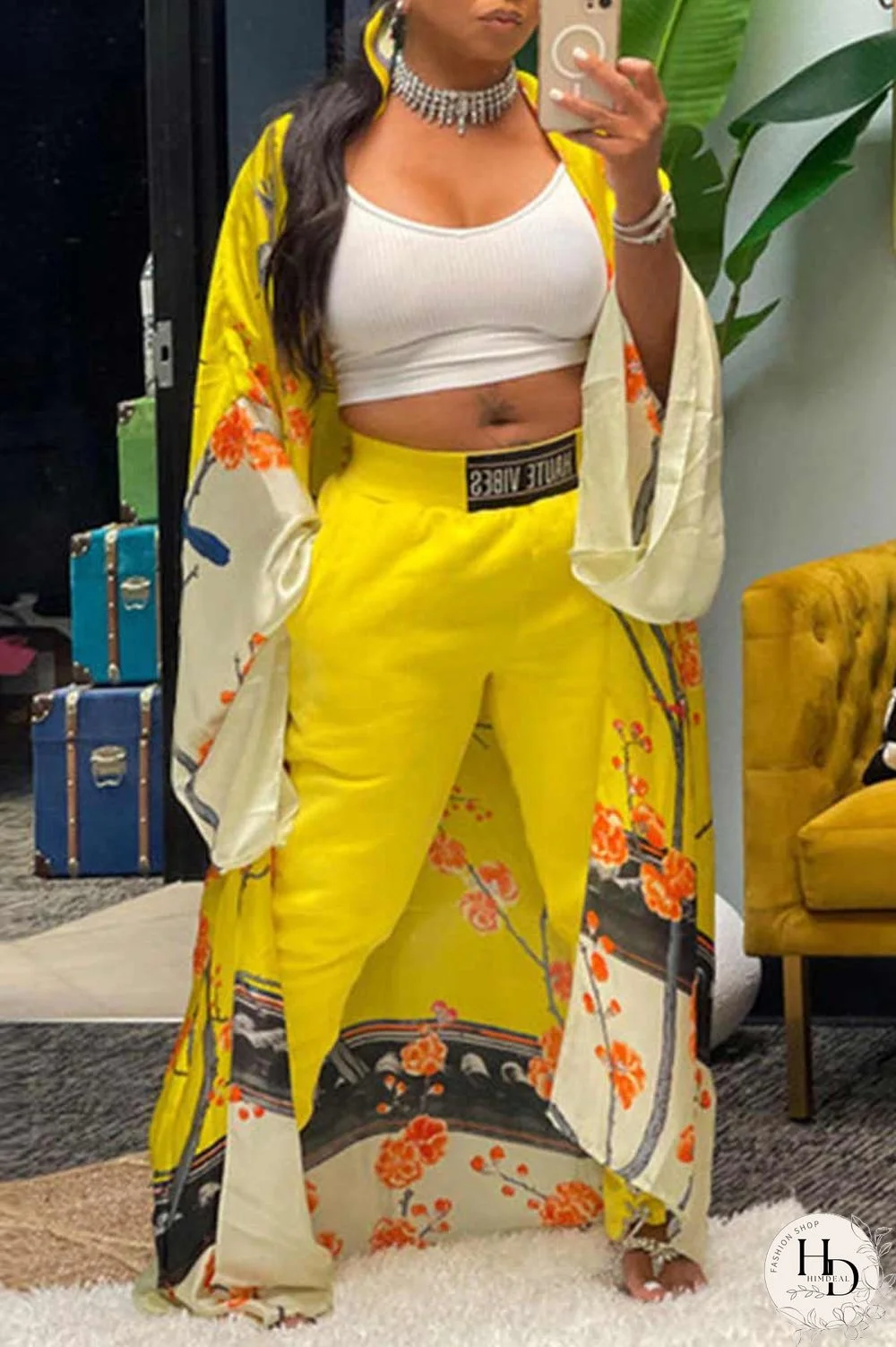 Yellow Fashion Casual Print Patchwork Outerwear(Without Belt)
