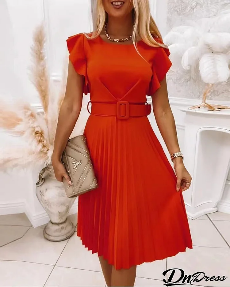 Summer Women Elegant Solid Color Round Neck High Waist Ruffled Dress With Belt