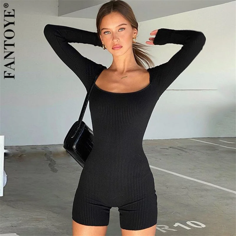 Graduation Gifts  2023 Hot Ribbed Rompers For Summer Women Long Sleeve Skinny Playsuit Sexy Black Basic Female Overalls Short Jumpsuit New
