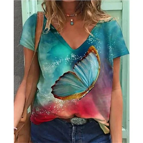 Gradient Color Butterfly Printed V-neck Women's T-shirt