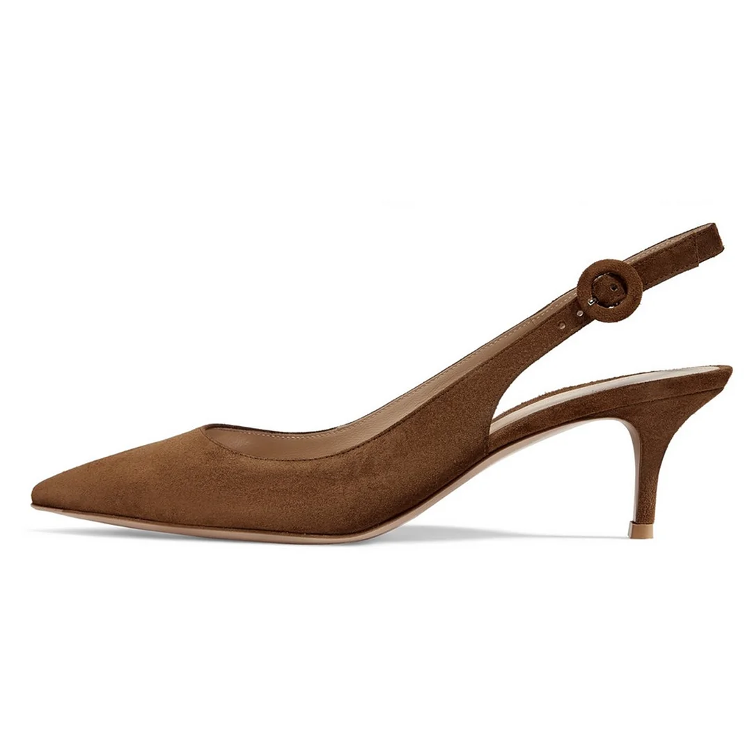 Brown Vegan Suede Pointed Toe Slingback Low Heel Pumps with Buckle