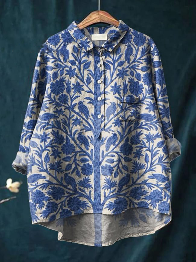 Women's Indian Art Floral Vintage Print Casual Cotton And Linen shirt
