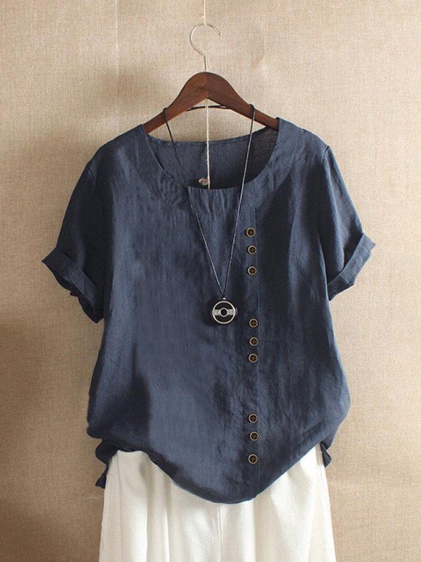 Round Neck Short Sleeve Solid Color Summer T-Shirt With Button