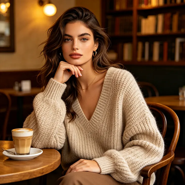 Beige V-Neck Chunky Sweater