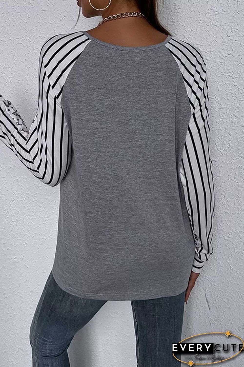 Leopard Stripe Long Sleeve V-neck Top