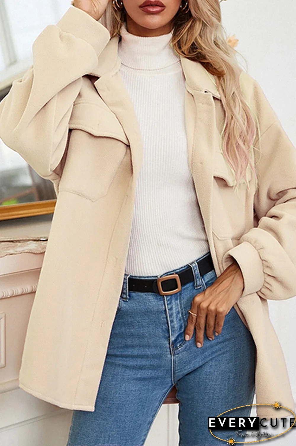 Elegant Solid Pocket Buckle Turndown Collar Outerwear