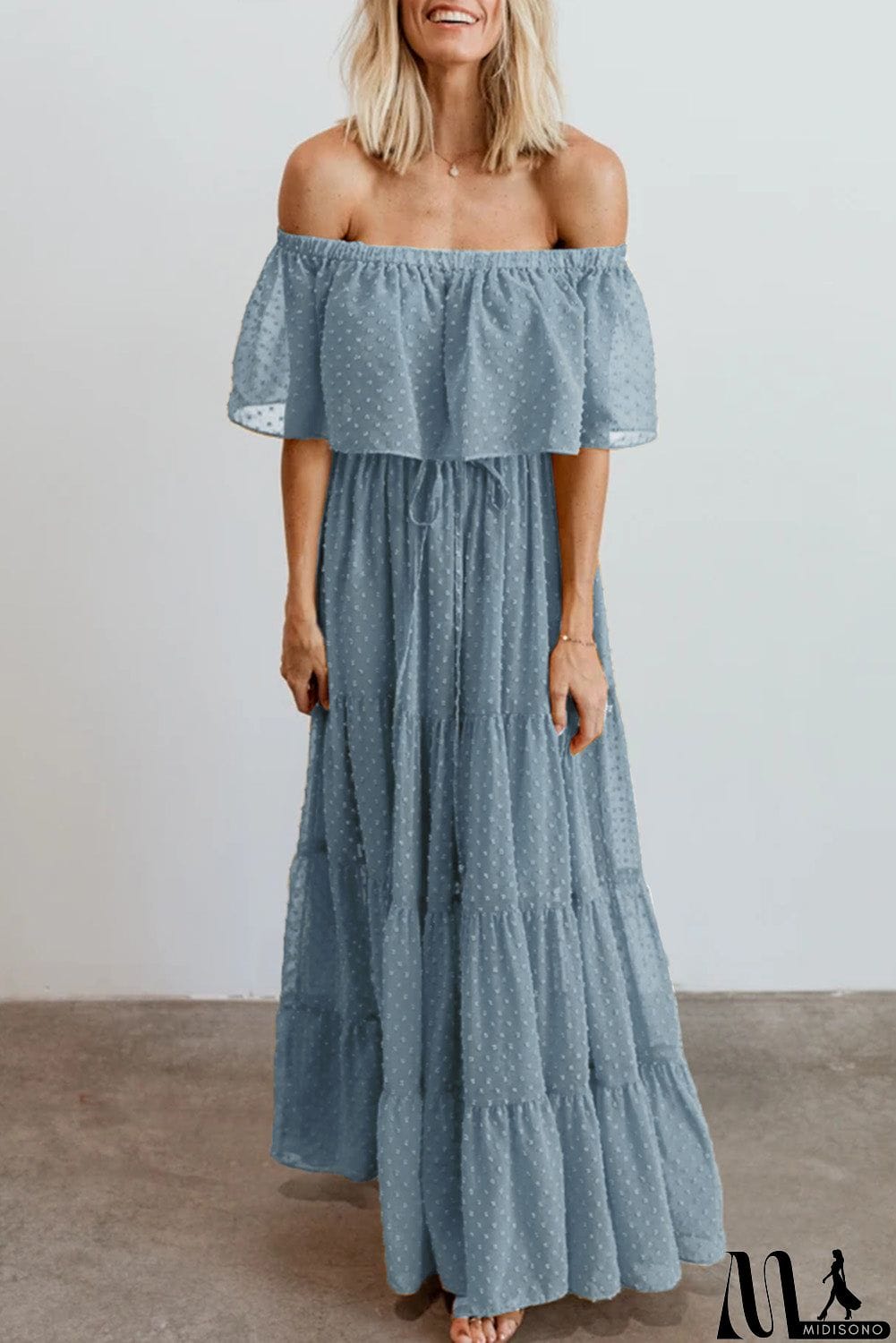 MidiSono - Rust Red Off Shoulder Ruffle Swiss Dot Maxi Dress