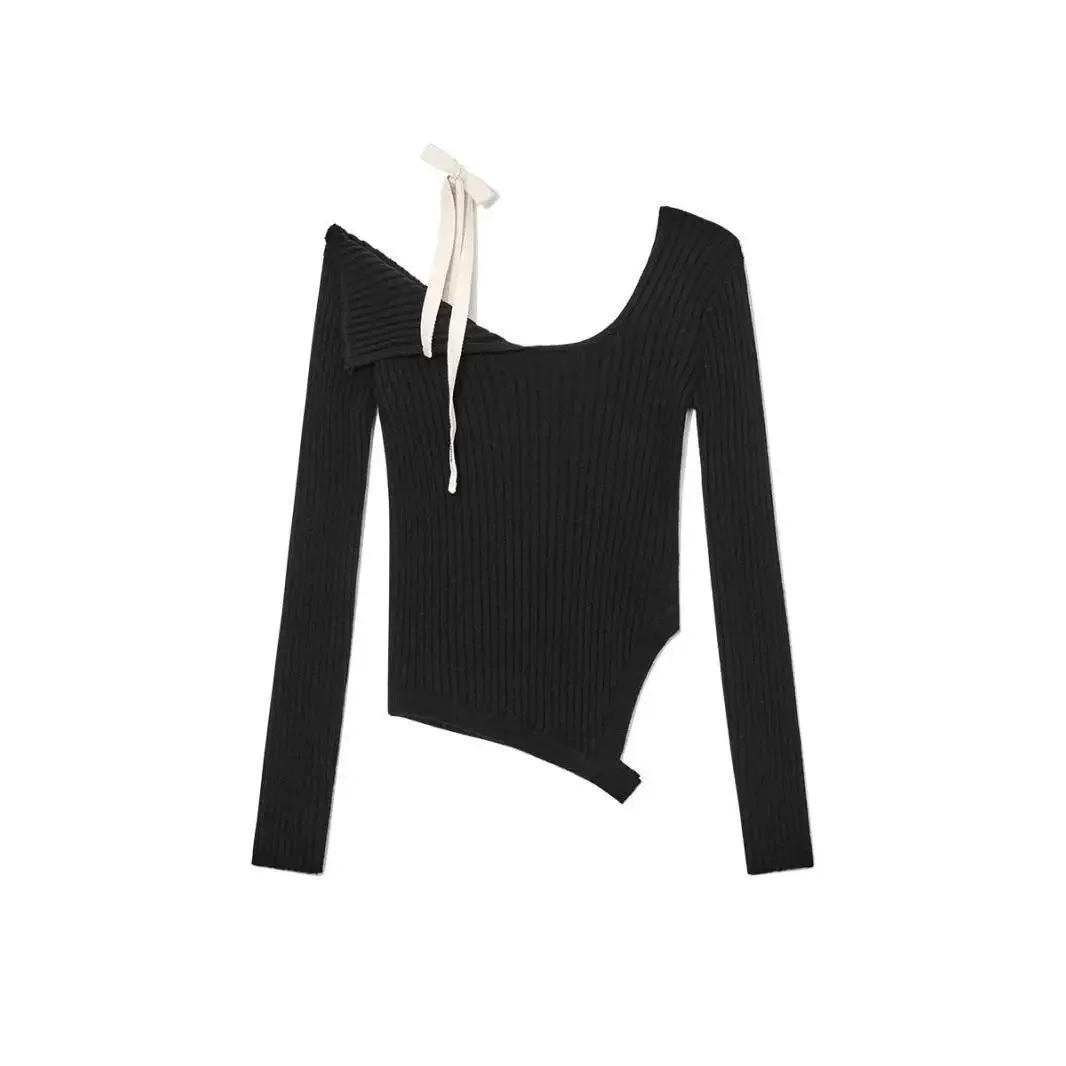 Huiketi Off-the-shoulder Asymmetric Lace-up Top Women 2024 Spring Temperament Slim Solid Long Sleeve Pullovers Female Streetwear