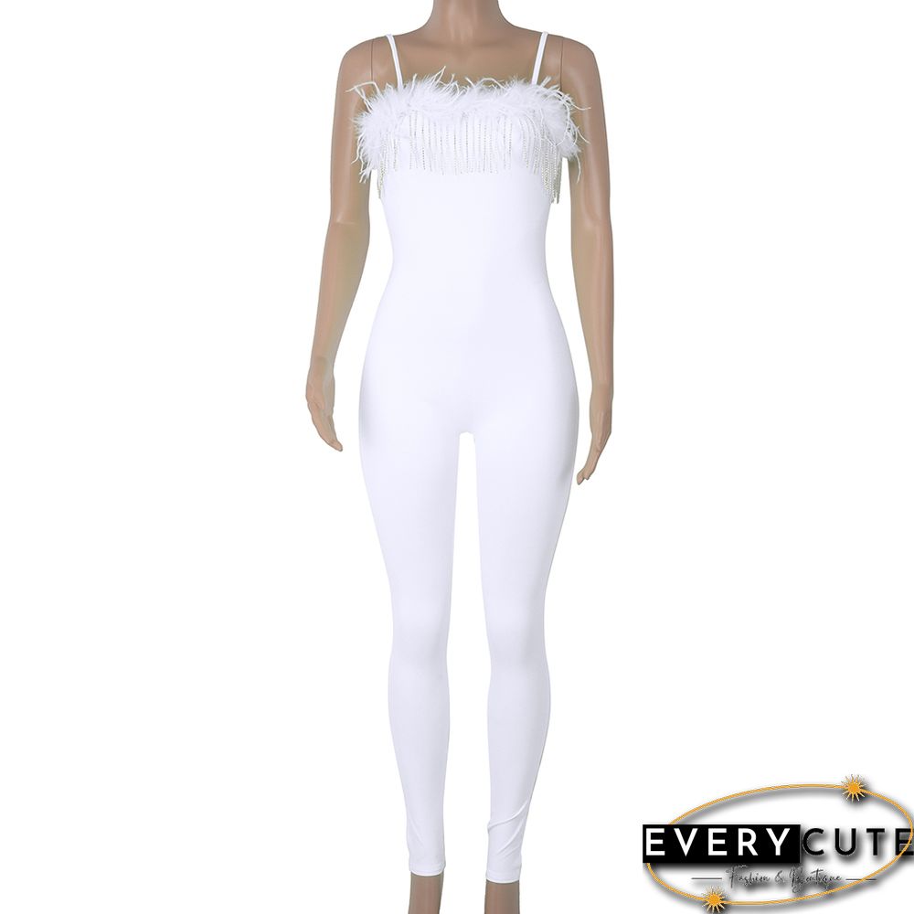 White Feather Detail Spaghetti Strap Bodycon Jumpsuit