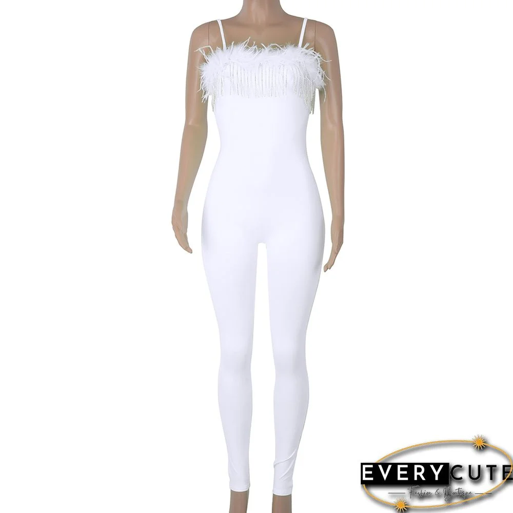 White Feather Detail Spaghetti Strap Bodycon Jumpsuit