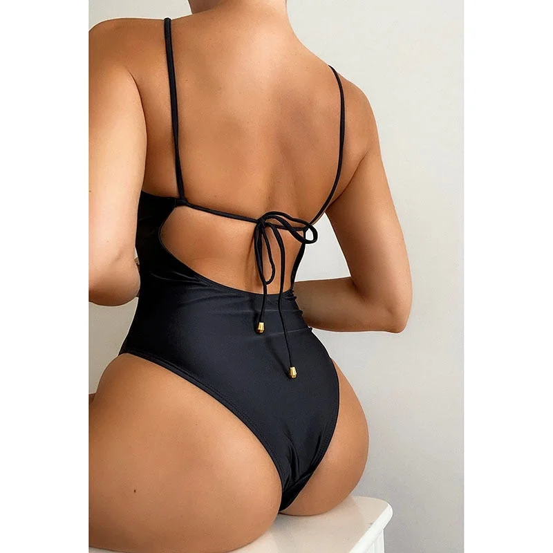 INGAGA Sexy Black Women's Swimsuit One Piece Backless Swimwear 2022 High Cut Monokini Tie Back Bodysuit Women Bathing Suits New