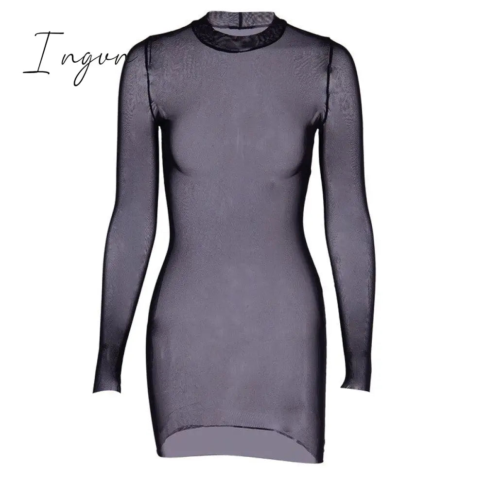 Ingvn - Summer Outfits Fashion Trends Sexy Women Dress Mesh See - Through Long Sleeves Slim Tight