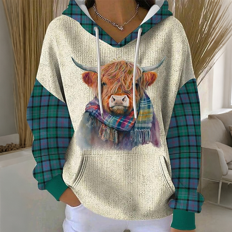 Women's Vintage Highland Cow Plaid Print Casual Hoodie elevenforest