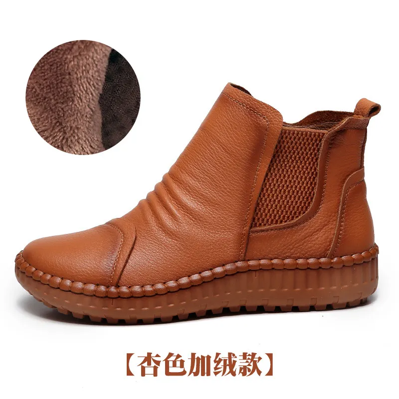 Yyvonne And Winter New Women's Shoes Winter Plus Velvet Leather Women's Boots Handmade Short Boots Women Flat Bottom Leisure Soft Bottom Boots