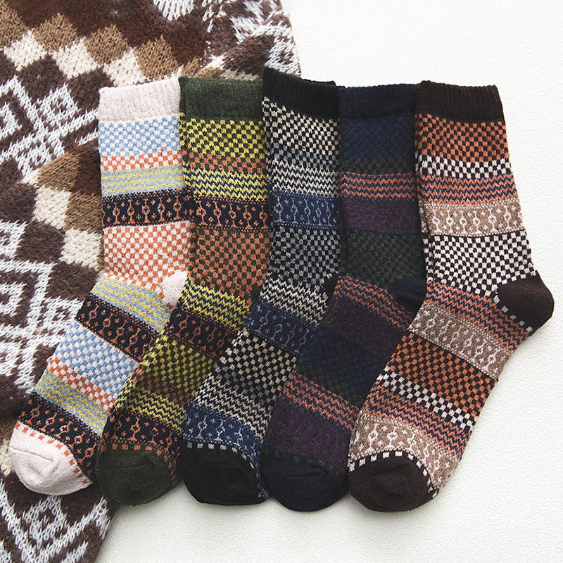 Retro Ethnic Small Square Wool Socks In The Tube Socks（5 pairs）