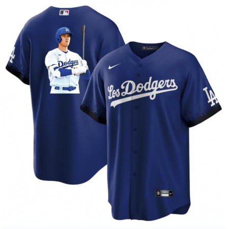 Men's Los Angeles Dodgers #17 Shohei Ohtani Blue Big Logo City Connect Cool Base Stitched Jersey TSYM