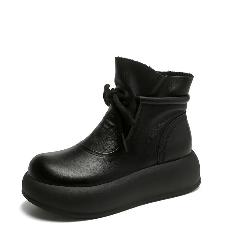 Round Toe Platform Boots For Women Handmade Lace-Up Leather Designer Ankle Booties