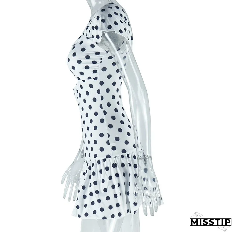 Women's fashion polka dot print sexy hollow off-shoulder short-sleeved casual bubble dress