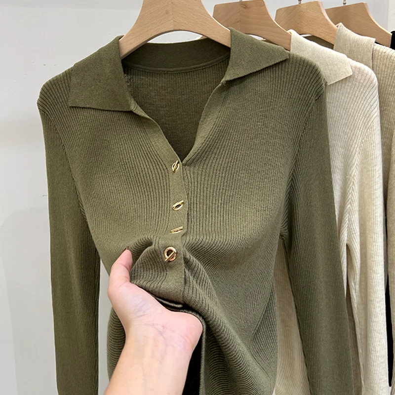 Uveng Uveng Sense Of The Small V-Neck Long-Sleeved Knitted Shirt Women's Autumn And Winter New Half-Opened Collared Blouse Bottom Sweater