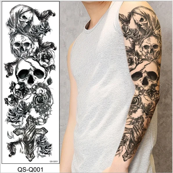 Waterproof Temporary Tattoo Sticker Full Arm Large Fake Tattoo For Man Disposable Body Art Skull Design Tattoos