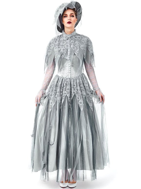 Halloween Costumes Women Corpse Bride Retro Grey Dress Matte Satin Costumes Novameme
