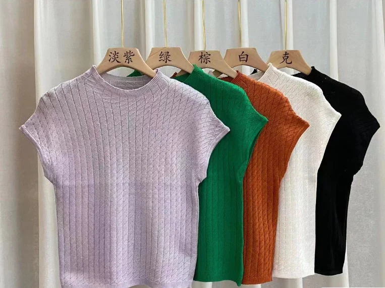 Uveng Uveng Summer New Half-High Collar Knitted Short-Sleeved Women's Thin T-Shirt With Loose Knitted Half-Sleeved Vest Top