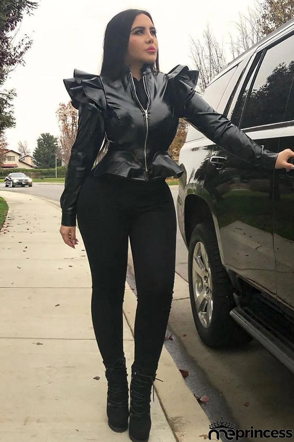 Black Mandarin Collar ruffle Solid PU Long Sleeve