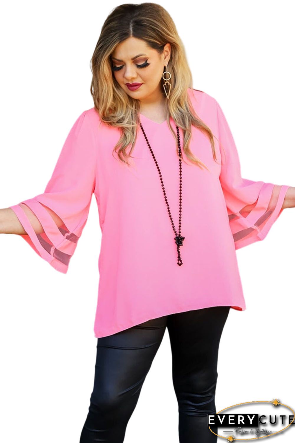 Pink Plus Size Mesh Striped Bell Sleeve Blouse