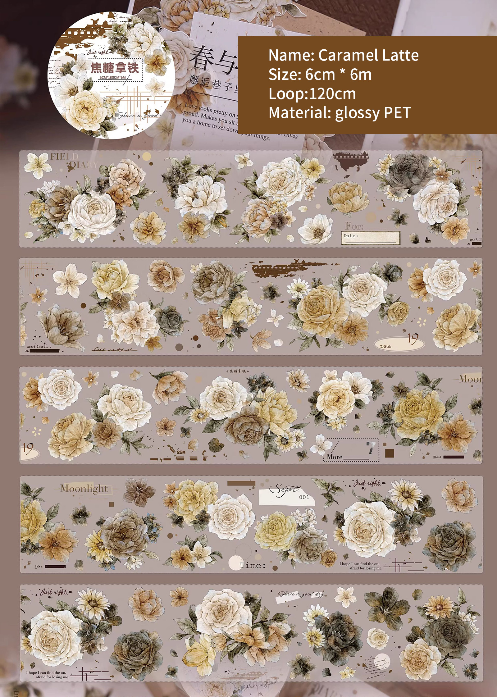 海外 PETテープ マスキングテープ ヴィンテージフラワー PETテープ - 600cm ヴィンテージフラワースマッジ