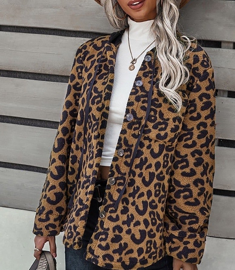 Cheetah Plaid Camouflage Print Button Design Teddy Coat | EGEMISS