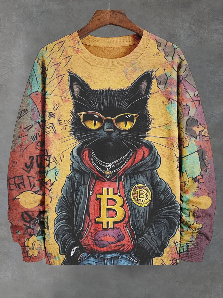Men's Black Cat Wearing Bitcoin Clothes Print Casual Sweatshirt