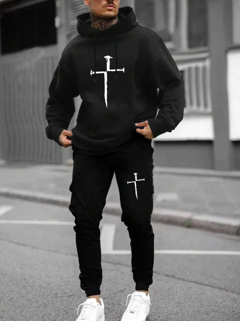 Crucifix Religion Printed Hoodie and Sweatpants Black Suit