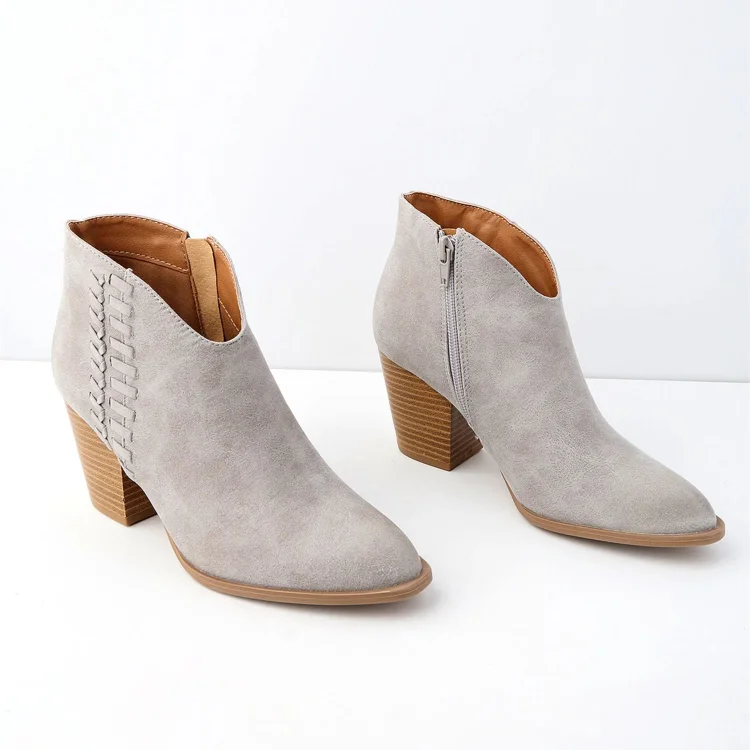 Grey Woven Details Ankle Boots Vegan Suede Chunky Heel Boots |FSJ Shoes