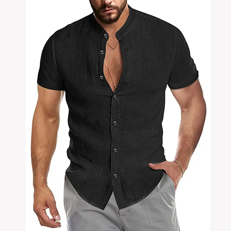 BrosWear Casual Stand Collar Simple Short Sleeve Shirt