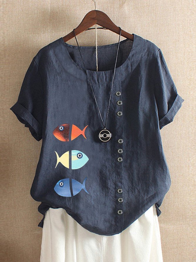 Short Sleeve Fish Printed Crew Neck Shirts & Tops