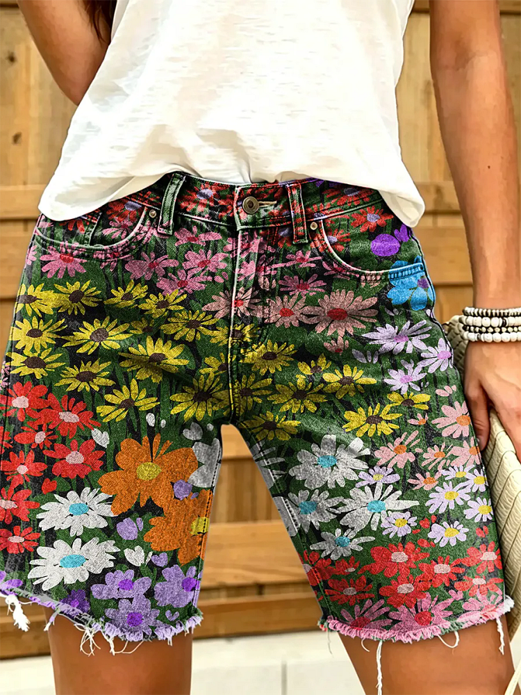 Ethnic Colorful Flowers Women's Art Print Casual Denim Shorts