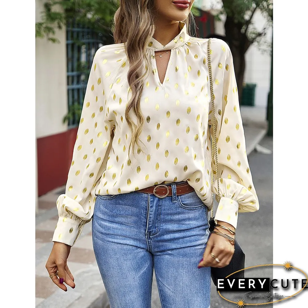 Khaki Notched Neck Pleated Cuffs Long Sleeve Tops