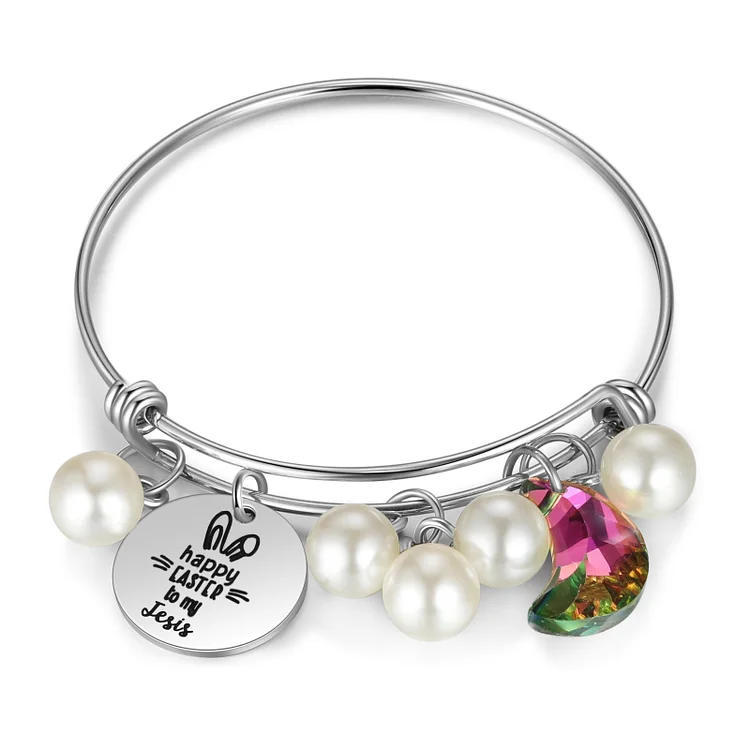 Easter Bunny Bracelet Personalized Name Pearl Crystal Bangle for Kids