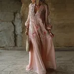 Boho Pink Roses Floral Embroidered Flowy Tiered Linen Maxi Dress - Image 3