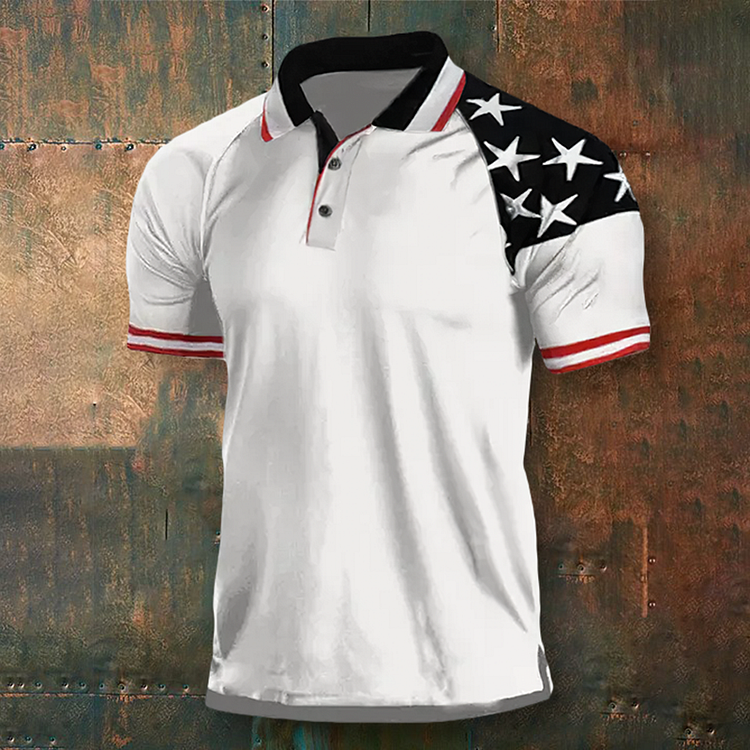 BrosWear Men'S Flag Print On Buttoned Sleeves Print Polo Shirt
