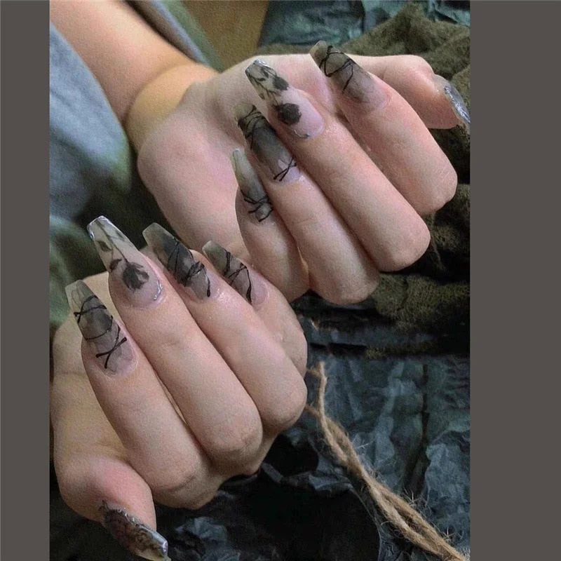 24pcs Black Rose Fake Nails Full cover Fake Nails Glue DIY Manicure Nail Art Tools