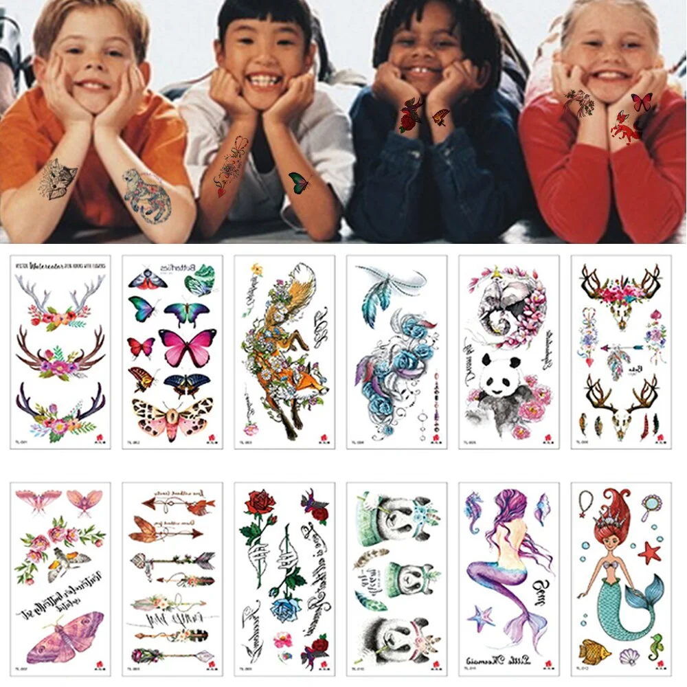 100Pcs Kids Temporary Tattoo Wholesales Animal Wolf Fox Panada Mermaid Cat Butterfly Flower Heart Sticker Body Arm Girls Toterm