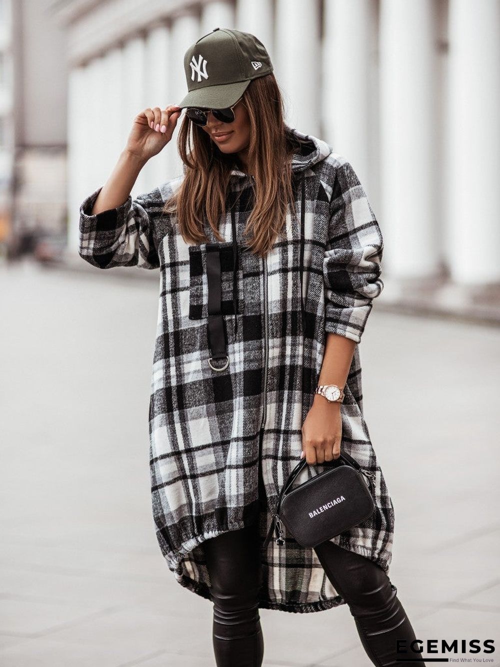 Casual Plaid Zip Long Sleeve Hooded Outerwear | EGEMISS