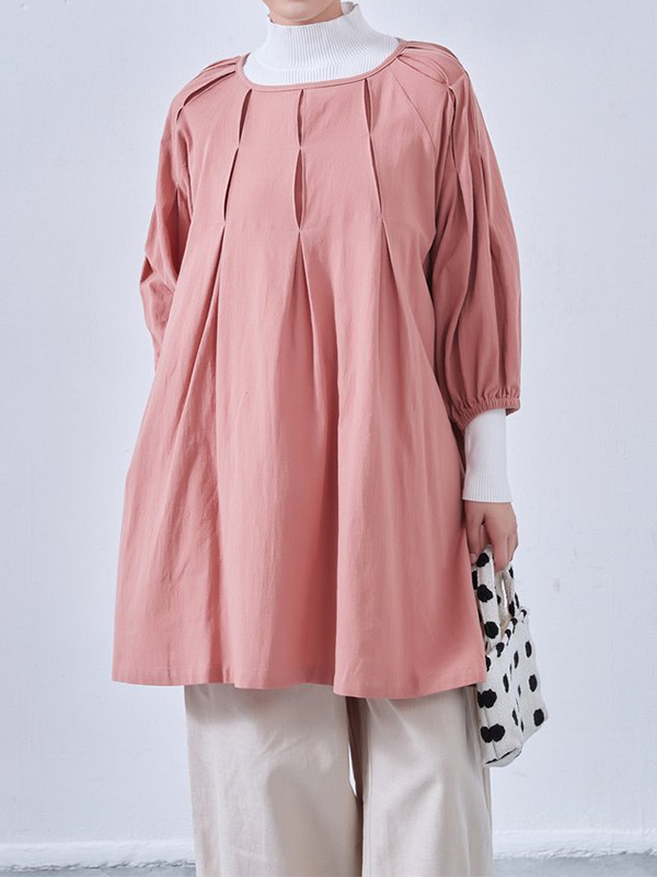 Loose Seven-part Sleeve Ruched Round Neck Blouses