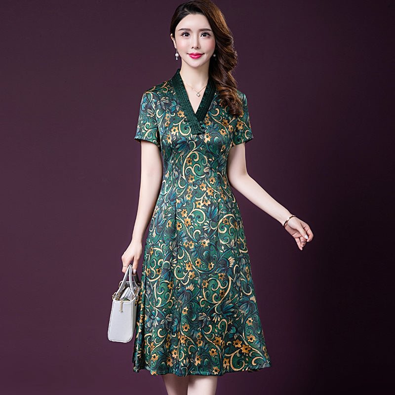 Summer Large Size Mulberry Silk Western Style Printed Short Sleeve Mother's Dress Artificial