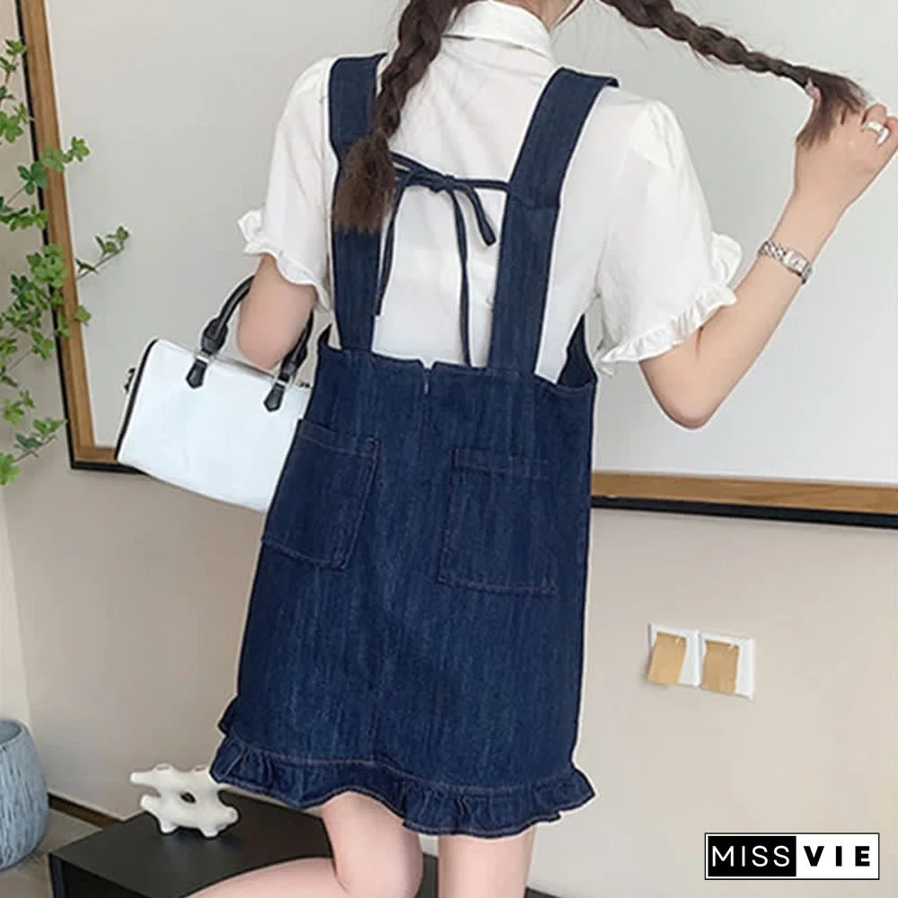 Pocket Lapel Tie T-Shirt Denim Overall Dress Two Pieces Set