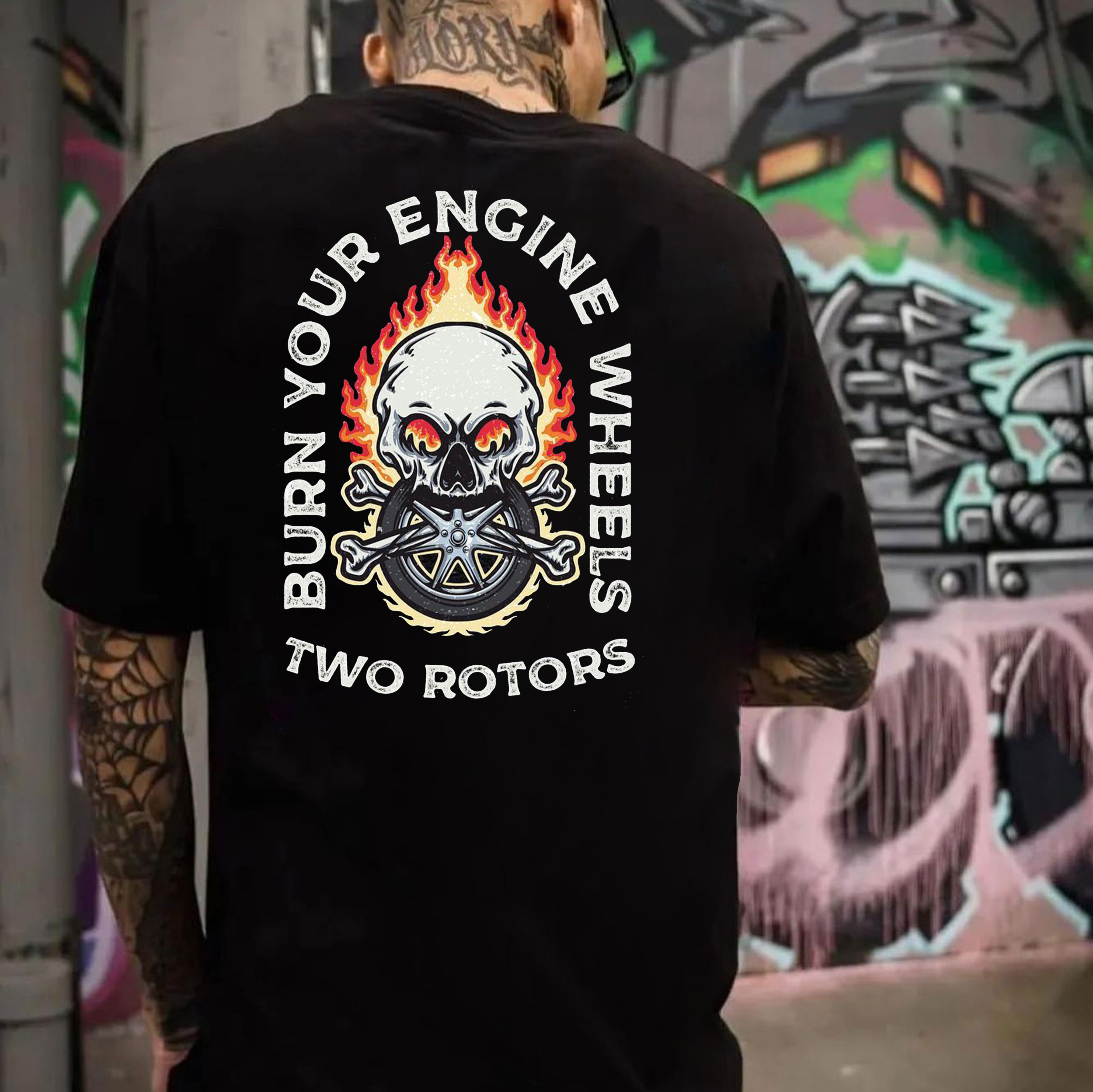 BURN YOUR ENGINE WHEELS TWO ROTORS Skull Black Print T-Shirt