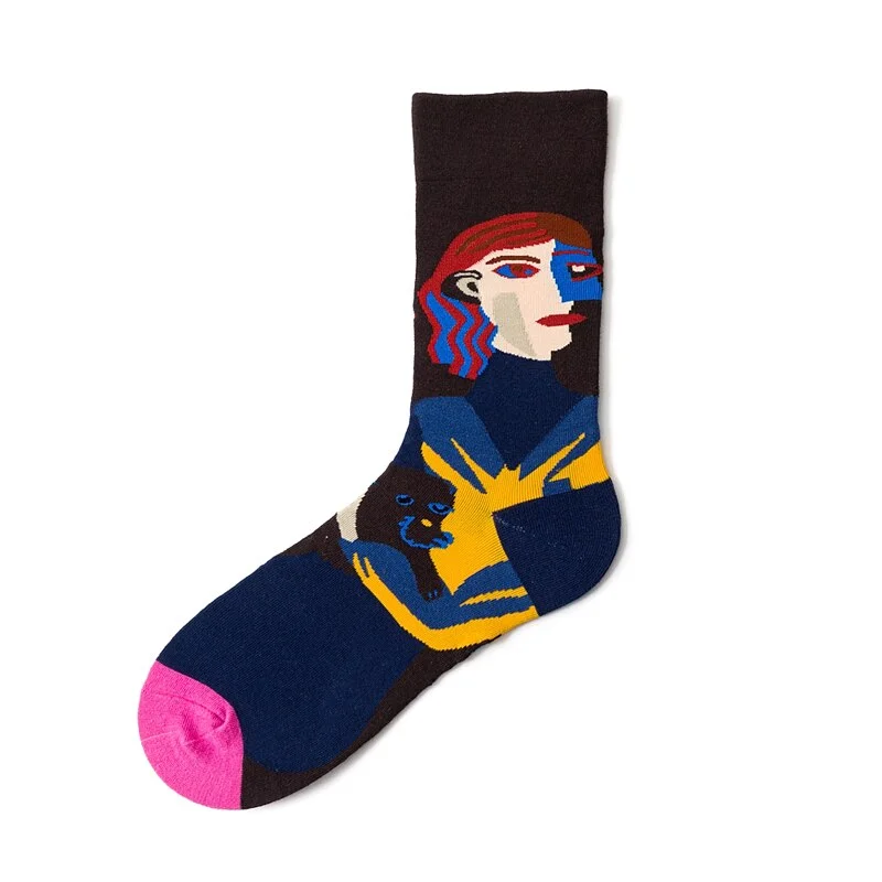 Unisex Painting Style Women Socks 100 Cotton Harajuku Colorful Kawaii Streetwear Full Socks Funny Cute Animal Striped 1 Pairs