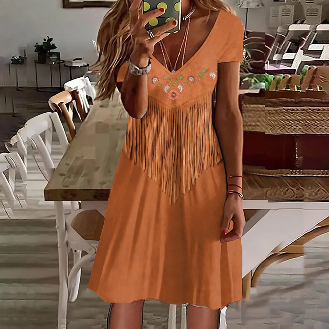 Western Fringe Print V-Neck Short Sleeve Midi Dress